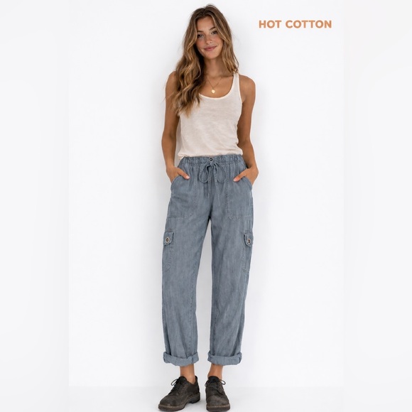 Hot Cotton Pants - Hot Cotton Linen Cargo Pants Women’s Medium Gray Drawstring Utility outdoor
